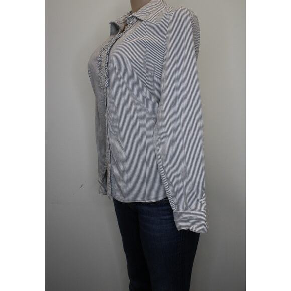 BANANA REPUBLIC Shirt Womens 10 Stretch Long Sleeve Striped Ruffled Collared - Picture 2 of 8